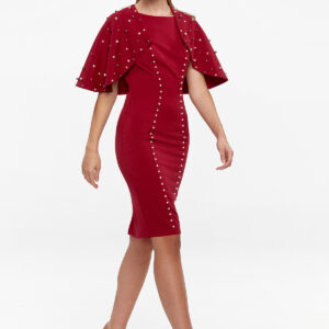 Pearl-Embellished Cape Dress Red