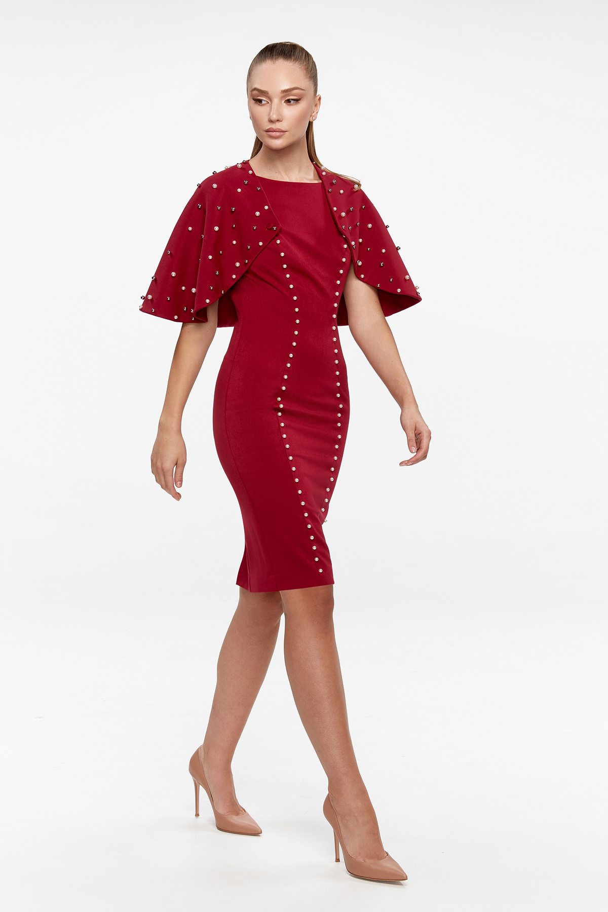 Pearl-Embellished Cape Dress Red