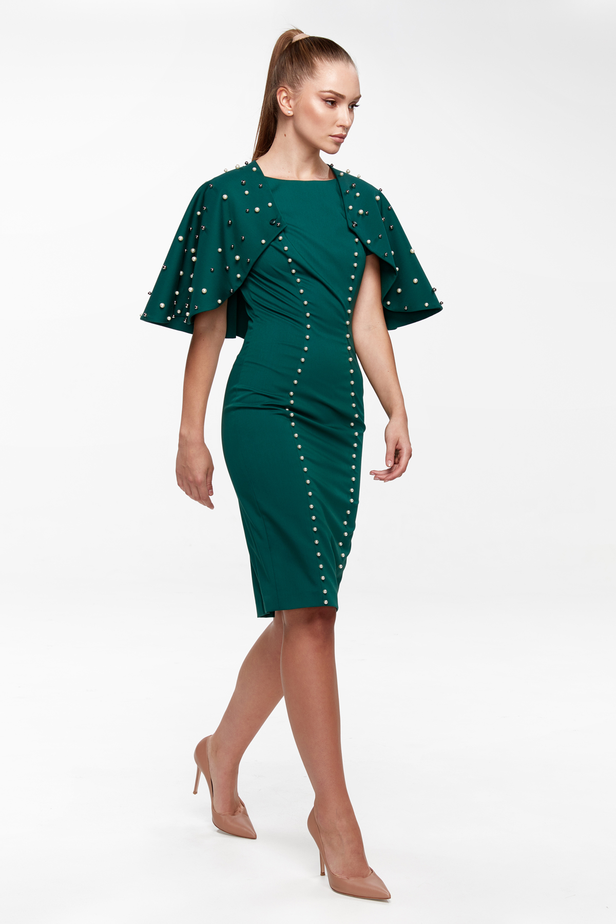 Pearl-Embellished Cape Dress Green