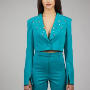 Turquoise Embellished Cropped Blazer