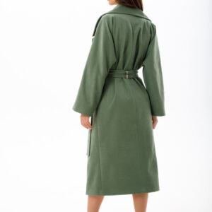Long Olive Belted Wrap Wool Coat