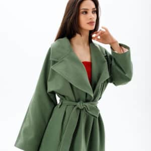 Short Olive Belted Wrap Wool Coat